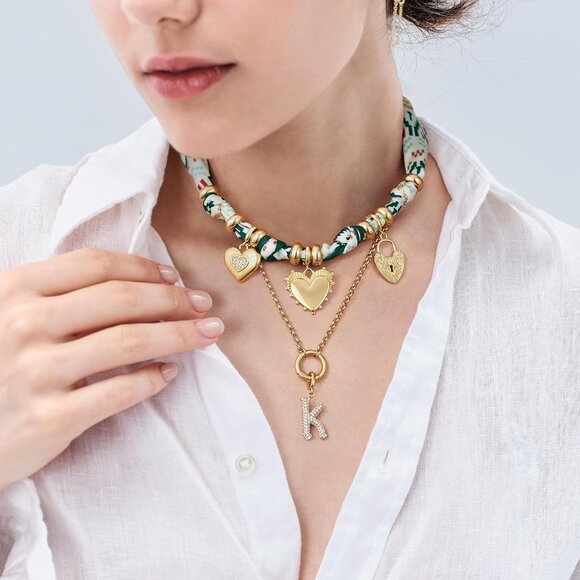 Women’s Versatile Silk Scarf Necklace with Gold-Plated Star Moon Heart Charms, A - Picture 4 of 7